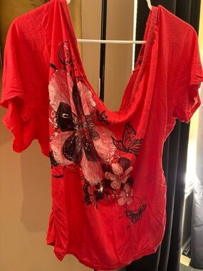 Red Floral Butterfly Women's Top